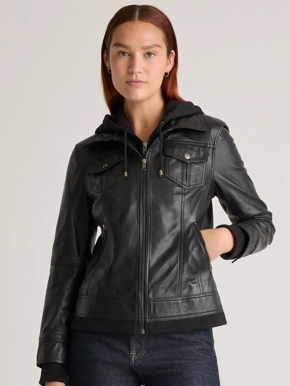 NWOT Quince 100% Sheep Leather Hooded Jacket Black Women's S